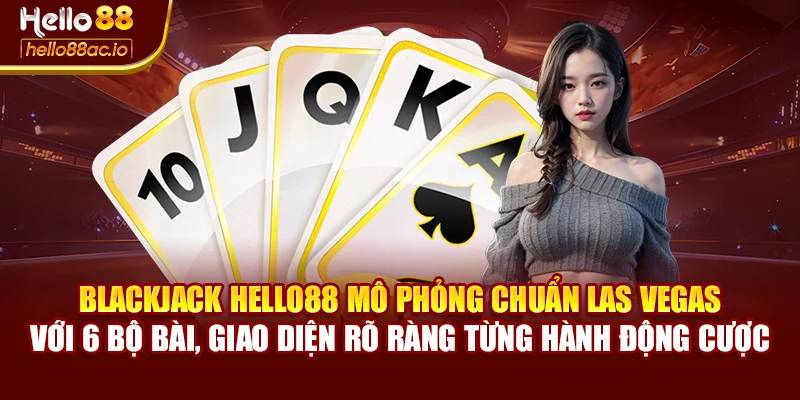 Blackjack Hello88 mô phỏng chuẩn Las Vegas với 6 bộ bài, giao diện rõ ràng từng hành động cược